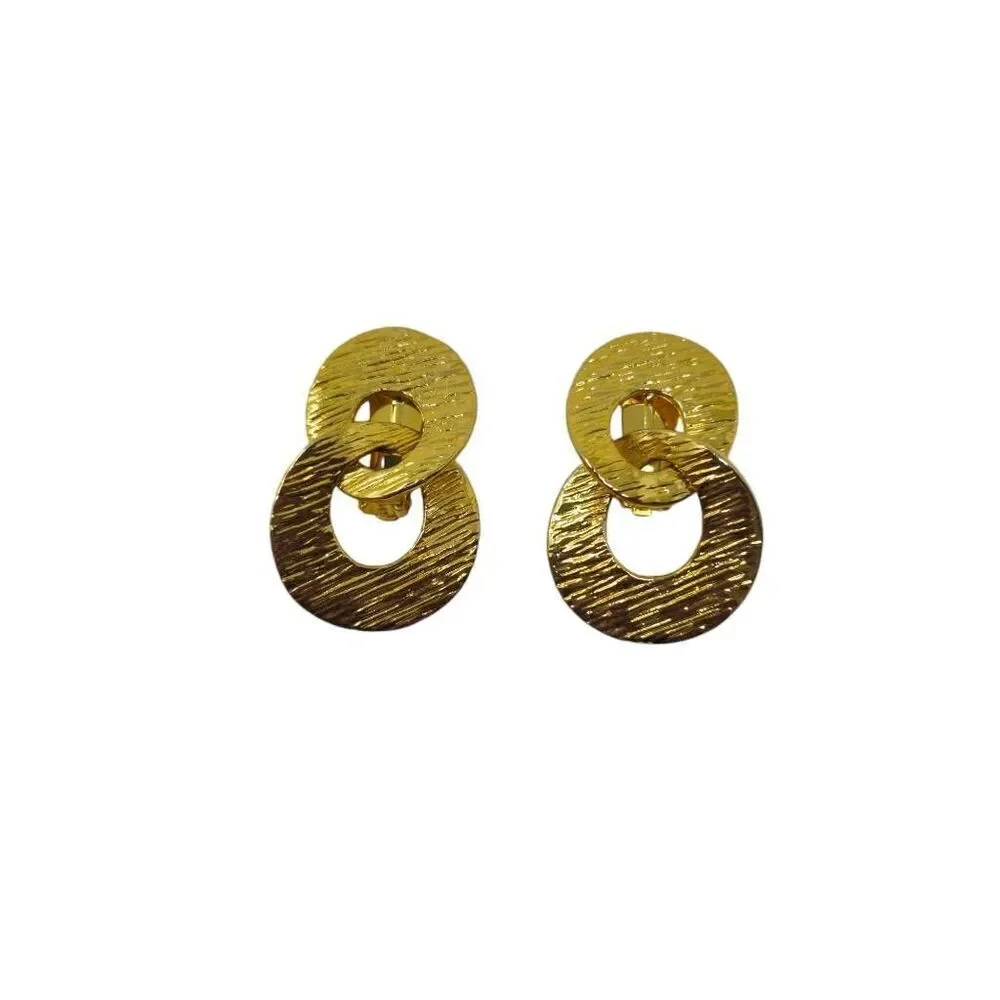 Vintage KJL Gold-Tone Textured Double Circle Clip-On Earrings | Boho Style | 2" - Picture 6 of 9